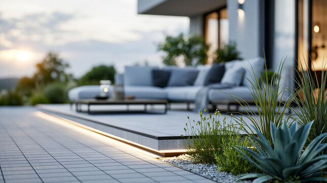 Close-up of a modern outdoor patio with sleek furniture and integrated lighting, integrated lighting concept, sleek patio photography, outdoor design visualization, defocused