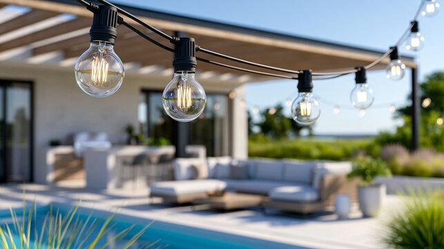 Close-up of a modern backyard patio with pergola, swimming pool, outdoor kitchen and sectional sofa with string lights, entertaining patio concept, string light photography,