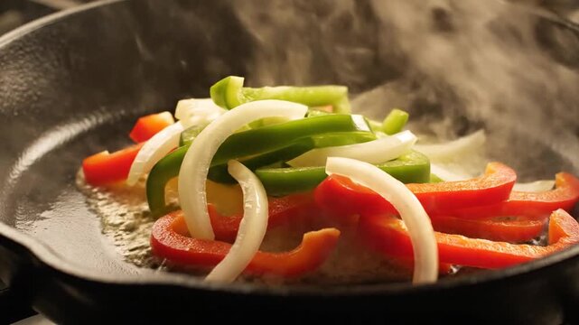 Sizzling Bell Peppers and Onions in a Cast Iron Skillet - A Delicious Culinary Close-Up