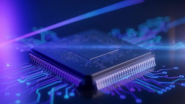 Futuristic glowing microchip with vibrant blue and purple circuits close up technology background