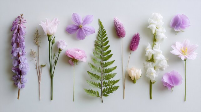 fresh flower flat lay, botanical pastel aesthetic