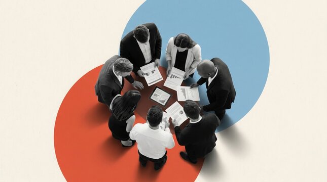 A group of people in business attire are gathered around a table, looking at documents, with a red and blue circle backdrop representing teamwork and collaboration