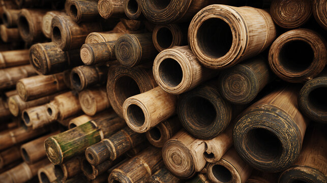 Stacked pile of cut bamboo poles with hollow openings and weathered fibrous ends in warm tan brown and aged grey tones