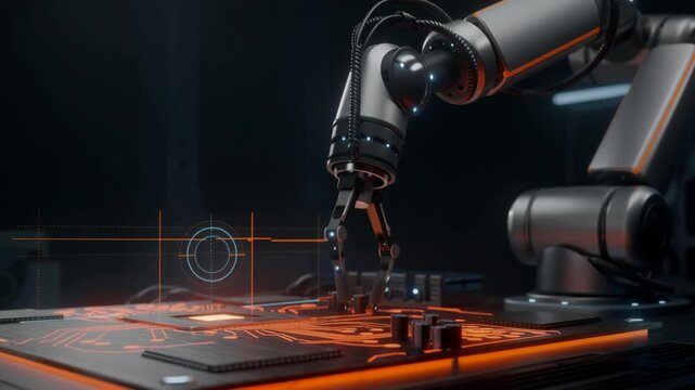 High tech robotic arm delicately assembling glowing circuit boards in futuristic advanced technology lab