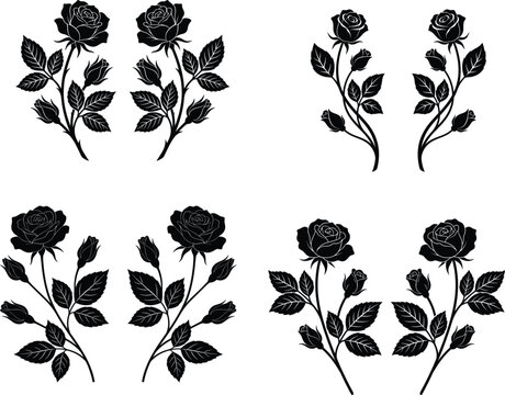 Black rose silhouette branch set with leaves and buds isolated on white background for vintage tattoo engraving decoration pattern design element