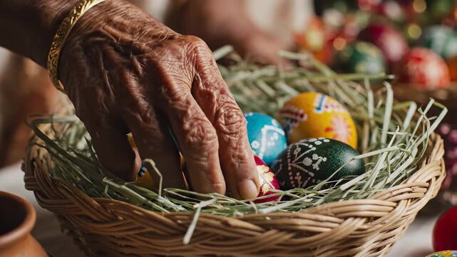 Hands place decorative Easter eggs into basket filled with straw. Vibrant colors and patterns show festive spirit. Location is bright table setting