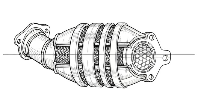 A black and white line art sketch depicts a catalytic converter on a white background.