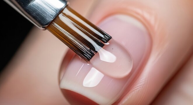 Close-up of a Nail Technician Applying Clear Gel Polish to a Fingernail.