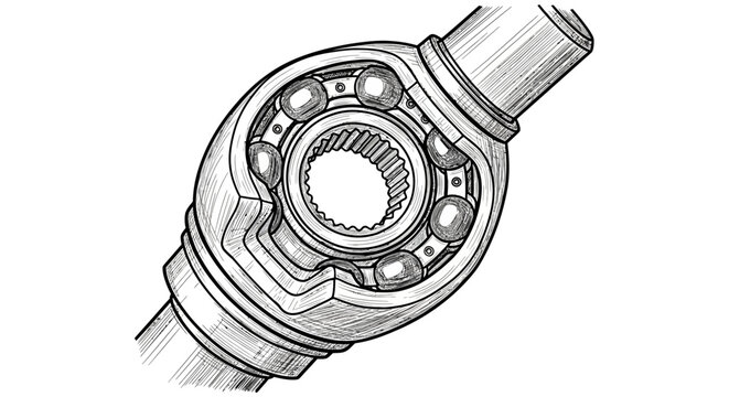 Detailed line art sketch of a spherical joint mechanism on a white background