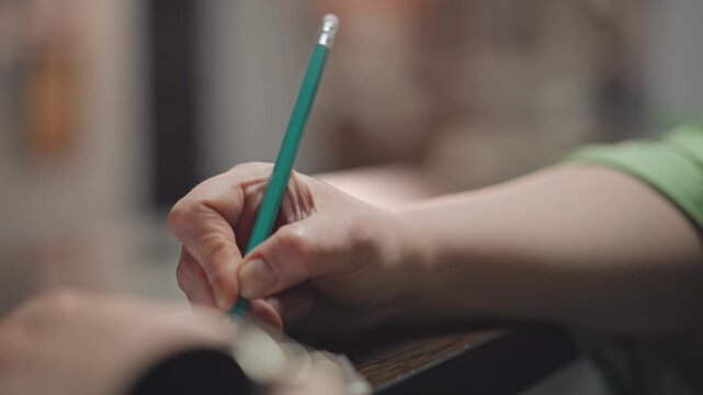 Closeup hand writing on guitar with pencil, soft studio light, musician shaping chord shapes on worn acoustic body, focused grip and subtle fret markings, teacherlike coaching gesture, reflective