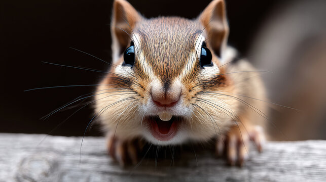 Cheerful chipmunk with wide grin fluffy cheeks brown fur big eyes closeup outdoors cute animal nature joyful expression