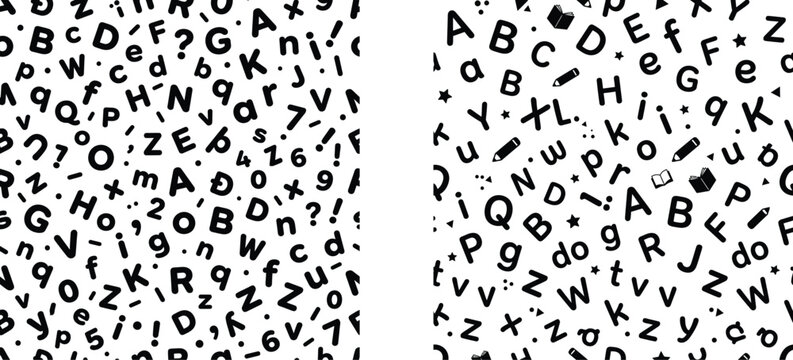 Black and white alphabet letters and symbols scattered background