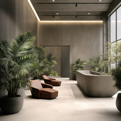 Fototapeta premium Modern spa lobby with minimalist concrete walls, large potted plants, natural light, and comfortable brown lounge chairs for tranquil atmosphere