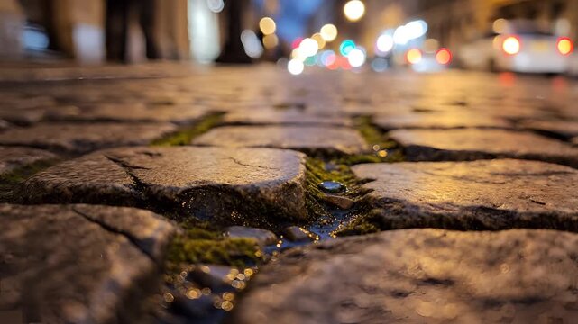Closeup of wet cobblestone street at night with blurred city lights.
