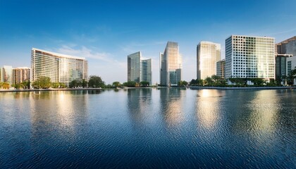 Obraz premium modern urban waterfront with architectural highlights and tranquil reflections