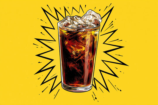 Pop art style illustration of a glass of cola with ice