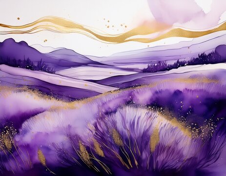 watercolor abstract of lavender field in shades of purple with gold accents