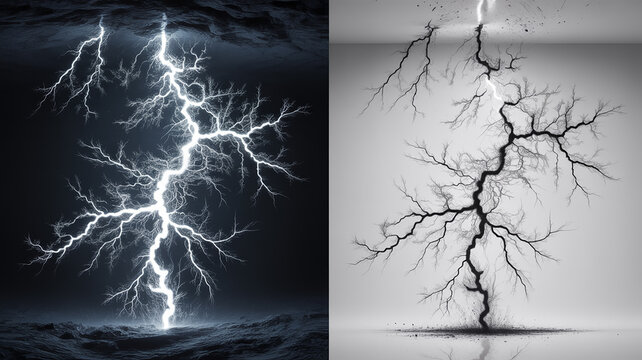 Dual view of lightning strike comparison high contrast versus natural storm with lightning electricity thunderbolt contrast comparison atmosphere