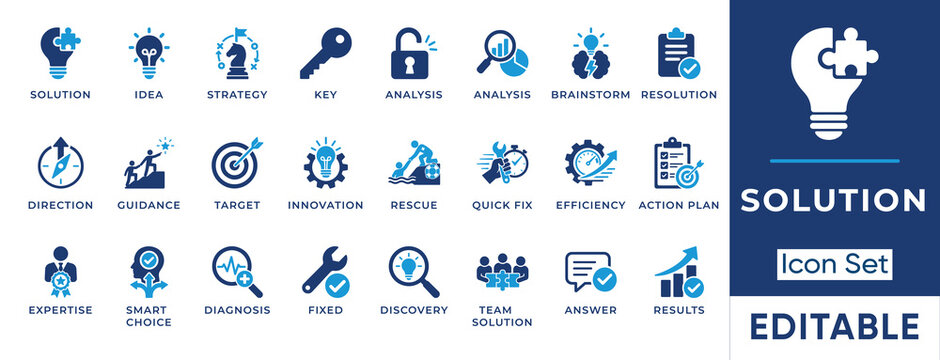 Business troubleshooting and problem solving solid icon set. Includes symbols for Crisis Management, Business Diagnosis, and Action Plan. Vector icons for corporate consulting and strategic planning.