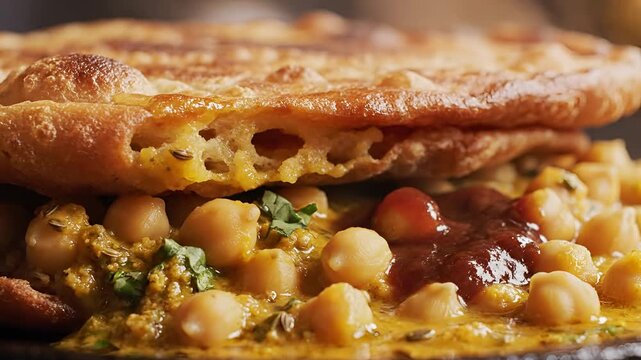 Delicious Indian Chana Masala served with fluffy Naan bread closeup.