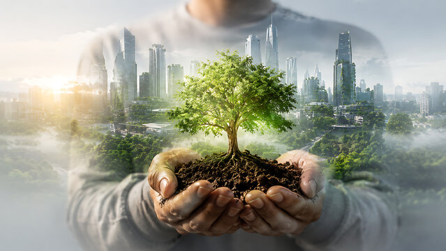 Creative double exposure showing human hands holding tree in soil blending with futuristic sustainable green city architecture celebrating environmental day and modern urban ecological development