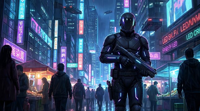 Futuristic cyberpunk soldier in neon lit city street with flying vehicles