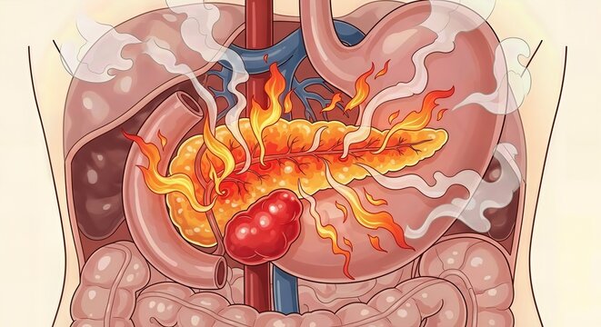Human pancreas experiencing severe inflammation, chronic abdominal pain, digestive system disease, internal organ damage concept, medical health condition
