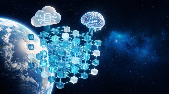 AI Brain and Cloud Computing Network Connecting Blockchain Cubes Above Earth 3d render