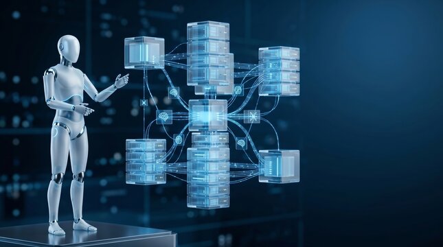 Robot humanoid presenting AI neural network data center infrastructure in digital blue studio 3d render