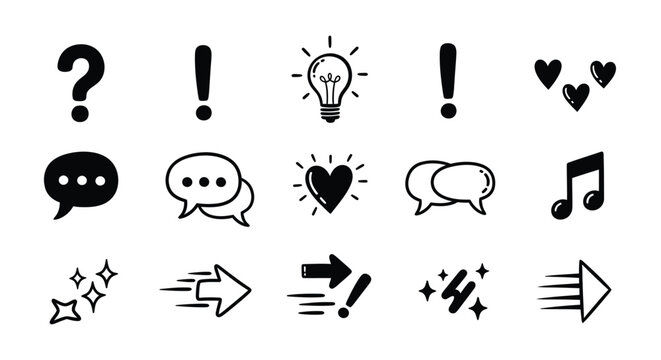 Collection of bold black symbols includes speech bubbles light bulb idea heart icons exclamation mark question mark music note and fast motion arrows.