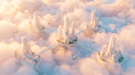 Fototapeta premium Futuristic floating city suspended above clouds with connected towers