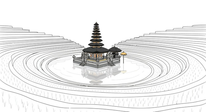 Traditional Balinese temple silhouette illustration with concentric steps and sacred isolated on white background