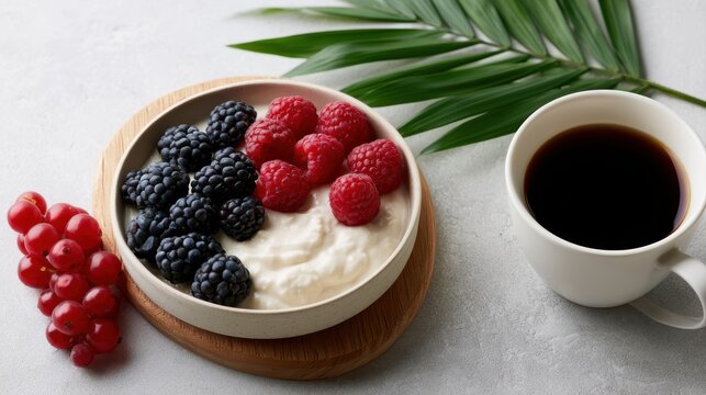 organic breakfast spread, berries, yogurt, coffee aesthetic