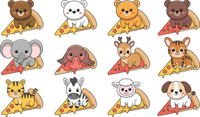 Obraz premium Cute Cartoon Animal Mascot Character Vector Set sitting on Pizza Slices for Kids Fast Food Restaurant Sticker Graphic Designs
