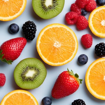 fresh fruit pattern, oranges, kiwi, berries, colorful food background