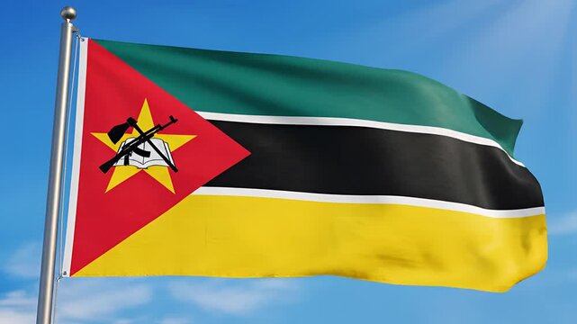 Mozambique Flag Waving Proudly Against a Clear Blue Sky.