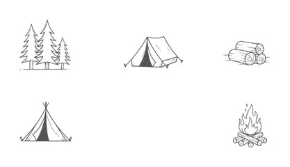Hand drawn camping trees tent logs campfire wigwam outdoors nature pine © Mohammad