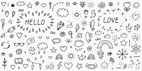 Fototapeta premium Hand Drawn Doodle Collection With Hearts Stars And Text On White