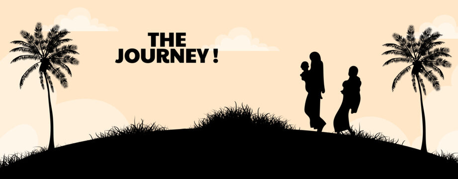 Migrant family silhouette walking on hill with palm trees and sky background vector art