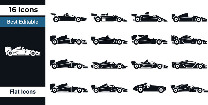 Open wheel racing car silhouette set, formula style single seater speed vehicle collection &mdash; aerodynamic spoiler driver cockpit side view flat vector icon isolated on white background