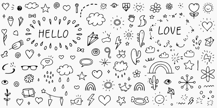 Hand Drawn Doodle Collection With Hearts Stars And Text On White