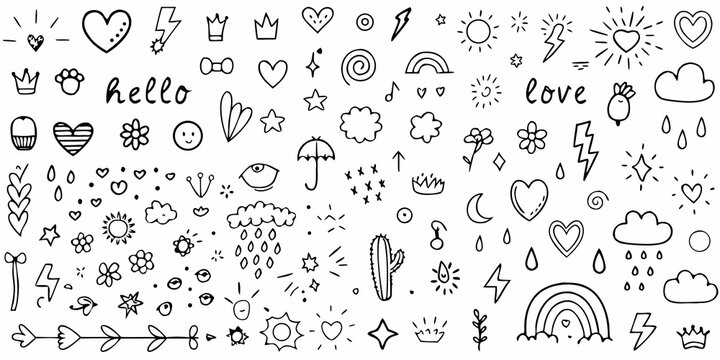 Hand Drawn Doodle Pattern With Hearts Stars And Floral Elements