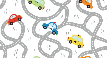 Cartoon city map with winding roads and various vehicles like police car taxi and red sedan for children nursery wallpaper or textile print decoration. © Snek