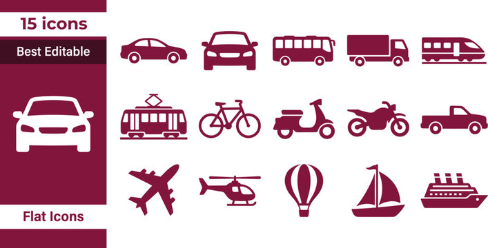 Collection of Diverse Transportation Icons Flat Design for Travel and Logistics Concepts