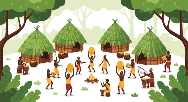 Vibrant tribal village celebration with people dancing around fire in lush green forest isolated on white background