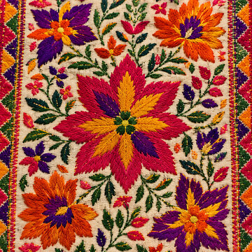 Traditional Indian phulkari embroidery inspired fabric pattern with bold floral stitches, bright Punjabi colors