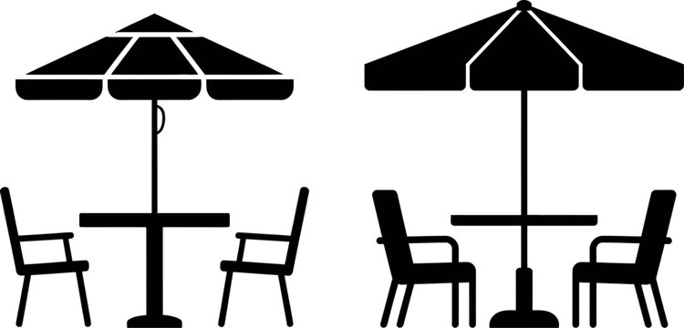 Two outdoor caf&eacute; tables with umbrellas and chairs set for dining