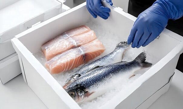 Gloved hands packing fresh salmon fillets and whole fish in ice-filled box.