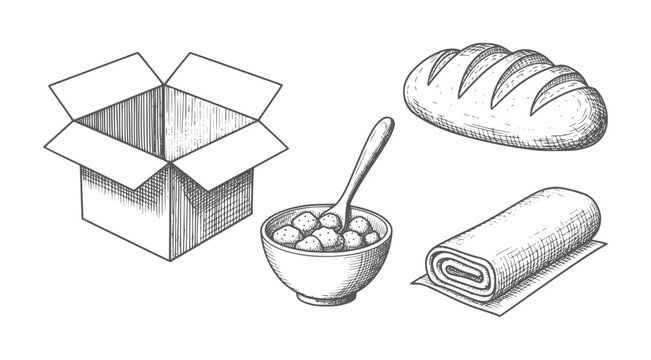 Hand drawn open cardboard box bowl of cereal and bread roll food