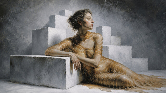 Fine Art Oil Painting of a Graceful Woman Reclining in an Amber Sheer Gown Amidst Geometric Concrete Blocks